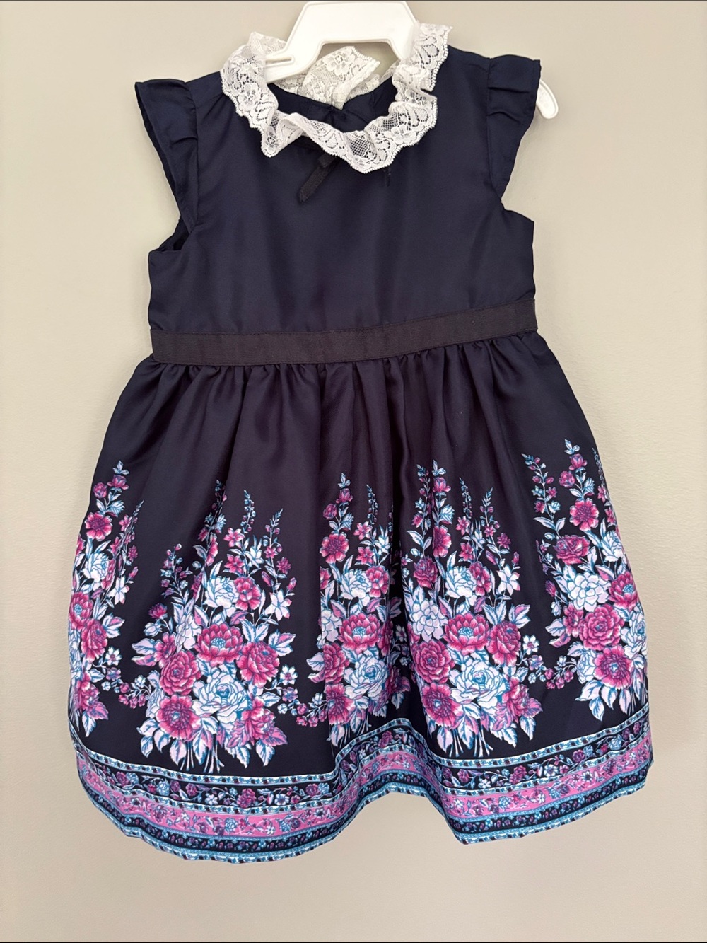 Janie and Jack Navy Dress with Pink and White Floral Border